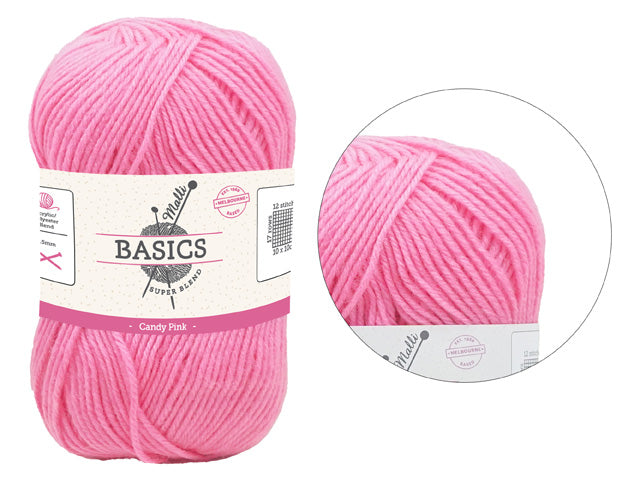 Candy pink colour; Medium weight yarn strands; Paper label with knitting needle graphic; Label states 'BASICS' and 'Candy Pink';