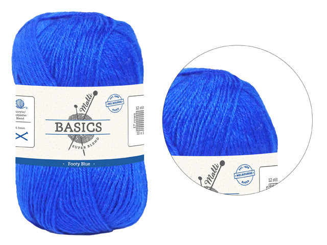 bright blue colour; soft acrylic/polyester blend yarn; label shows knitting needle size 6.5mm; packaging with brand name 'Malii Basics';