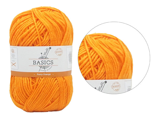 Bright orange colour yarn; Twisted yarn texture; Label with Basics branding; Compact skein shape;