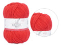 vibrant red colour; soft yarn texture; ball shape; paper label with text; smooth, even yarn strand;