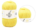Yellow yarn ball; Smooth acrylic/polyester yarn texture; Wrapped label with BASICS branding; Knitting needles graphic on label;