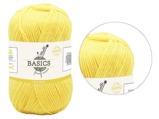 Yellow yarn ball; Smooth acrylic/polyester yarn texture; Wrapped label with BASICS branding; Knitting needles graphic on label;
