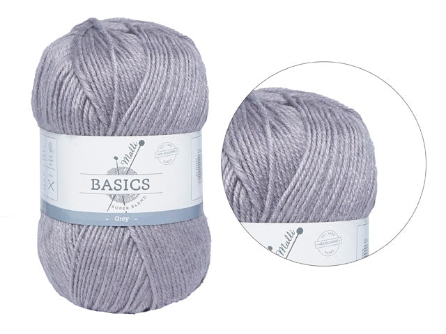 light grey colour; smooth and twisted yarn strands; medium thickness yarn ball wrapped with label; label indicates 'Basics' and 'Grey';