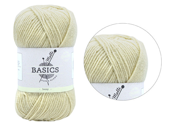 ivory colour; ball shaped yarn skein; label with text basics and brand name Malí; soft yarn texture;