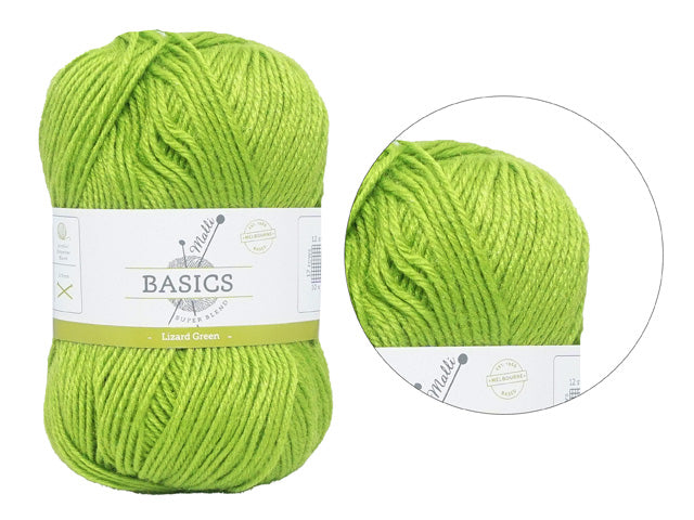 Lizard green colour; Soft yarn texture; Medium thickness yarn; Label reads 'Basics' and 'Super Blend';