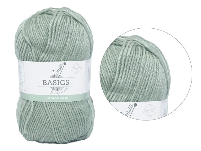 Light green colour; Soft, smooth texture; Chunky yarn thickness; Label shows 'Basics' and 'Margarita Green';