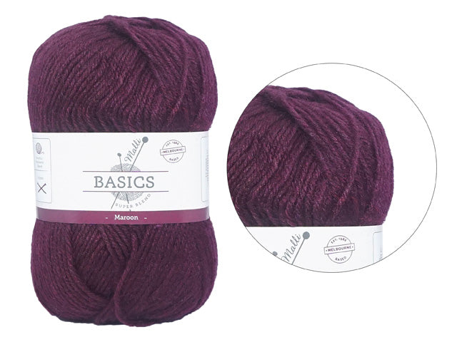 deep maroon colour; medium thickness yarn; white label with text; ball of yarn shape;