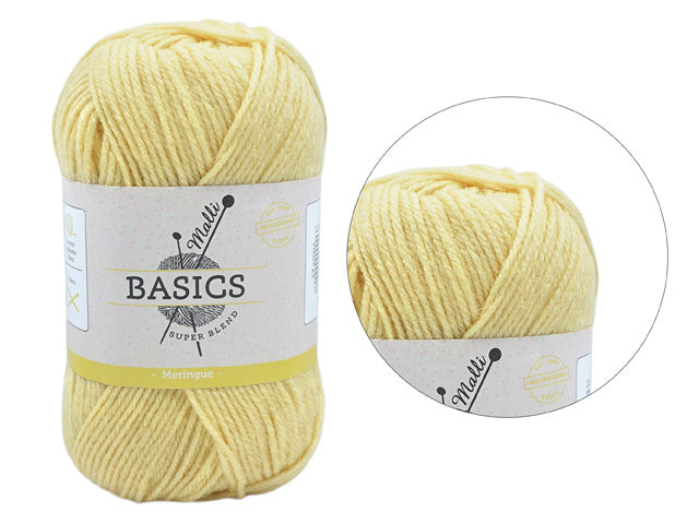 Soft yellow colour; Twisted yarn strands; Label with Basics branding; Compact ball shape;