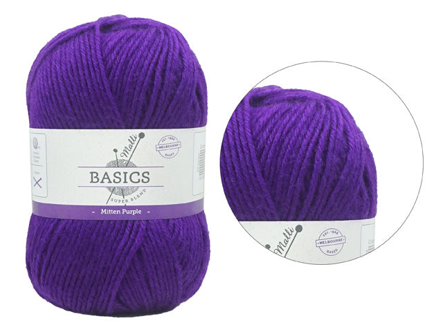 mitten purple colour; soft textured yarn; white label with purple band; Melbourne based branding;