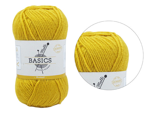 mustard yellow colour; twisted yarn texture; paper label with brand and colour; medium thickness yarn;