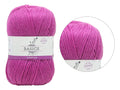 orchid purple colour; twisted yarn texture; label with 'BASICS' branding; compact skein shape;