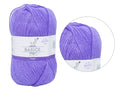 purple colour; soft twisted yarn; white paper label with text; compact skein shape;
