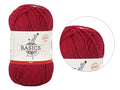 Red colour yarn; Compact skein shape; Smooth yarn texture; Label with brand and product info;