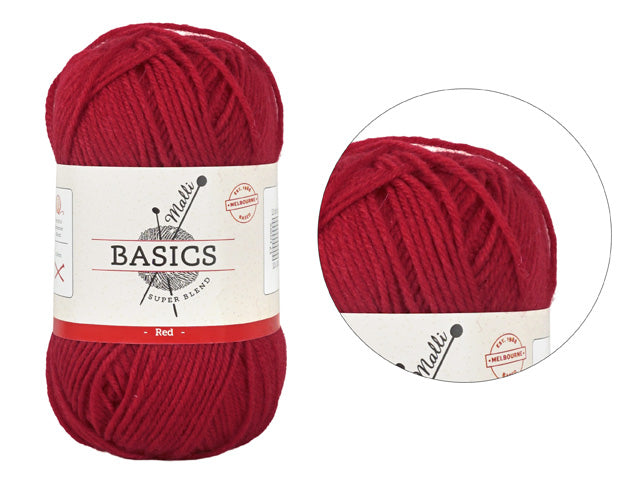 Red colour yarn; Compact skein shape; Smooth yarn texture; Label with brand and product info;