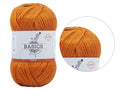 saffron orange colour; soft wool blend texture; medium thickness yarn; wrapped skein with label; label reads BASICS Super Blend;