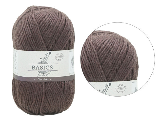 chocolate brown colour; medium weight yarn; soft fibre texture; label shows basics and super blend branding;