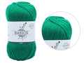 pine green colour; twisted yarn texture; label with Basics branding; compact skein shape;