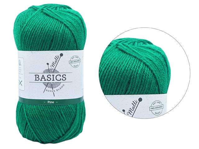 pine green colour; twisted yarn texture; label with Basics branding; compact skein shape;