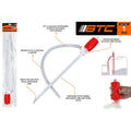 red accordion-style hand pump; clear rigid suction tube; flexible clear discharge hose; packaged with header card labelled BTC AUT-007; hose hook included on discharge tube;