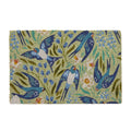 rectangular mat; blue swallow bird and floral pattern; green and neutral background; coir fibre texture; PVC backing visible on underside;