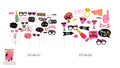 pink, black and gold coloured props; includes shapes like glasses, lips, bow ties, champagne bottle; wooden stick handles attached; various wedding and hen party themed text and icons;
