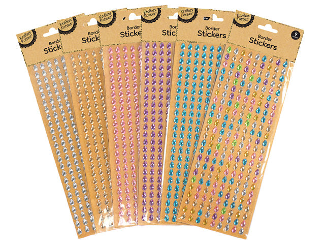 9 strips per pack; teardrop-shaped rhinestones; assorted colours including clear, pink, purple, blue, multi-colour; packaging with Kraft paper backing; adhesive border stickers;