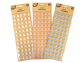 12 sheets per pack; small teddy bear shapes; available in white, pink and blue colours; stickers arranged in rows on brown backing card;