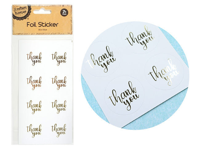 Round white stickers; Gold foil "thank you" text; Pack of 24 stickers; Each sticker approx 3.5cm diameter;