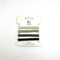 Four thick round braided hair ties on a display card; Colours include cream, light grey, dark grey-brown and black; Textured woven braid finish; White backing card labelled “Connice Hair Accessories”;