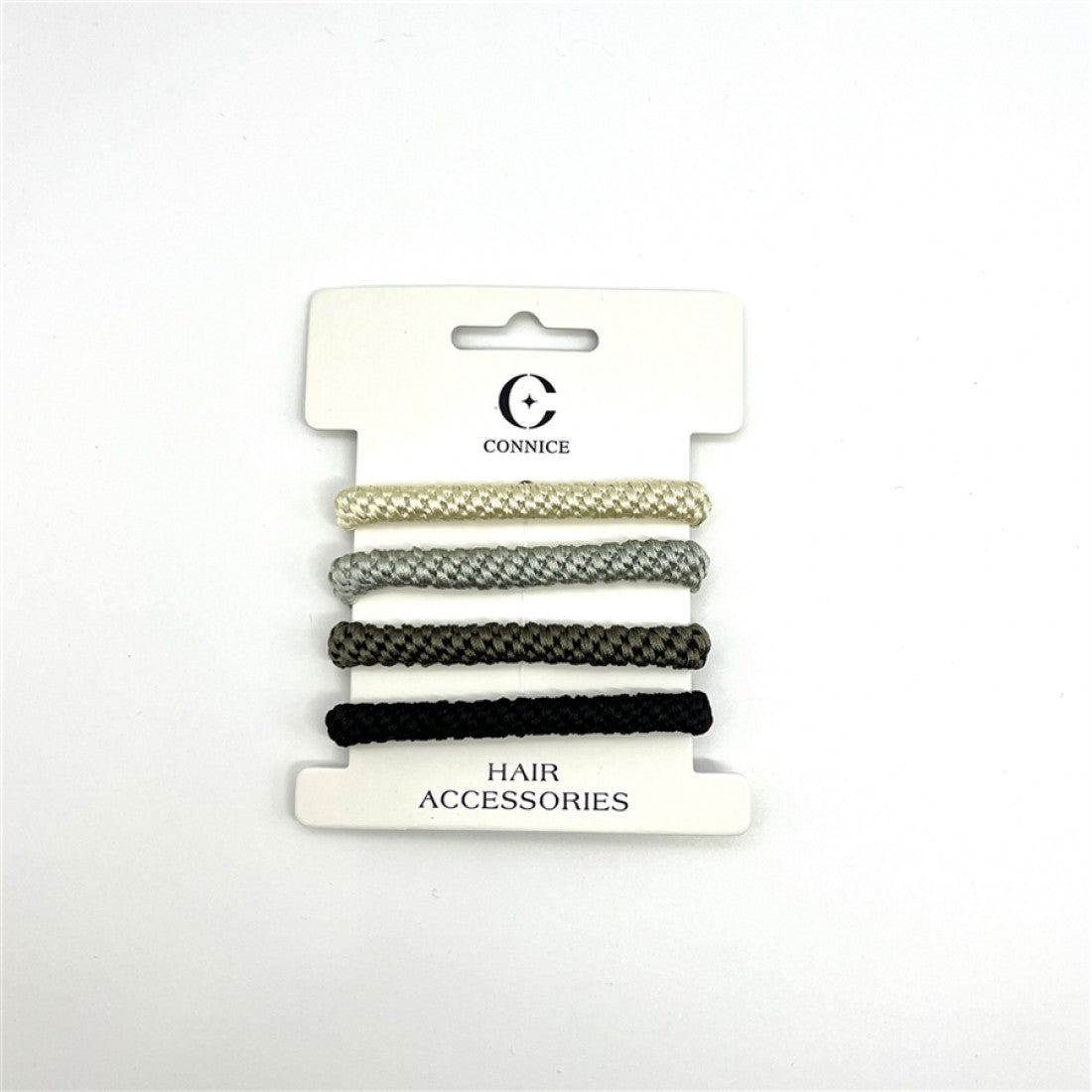 Four thick round braided hair ties on a display card; Colours include cream, light grey, dark grey-brown and black; Textured woven braid finish; White backing card labelled “Connice Hair Accessories”;