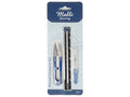 Blue and silver metal thread snippers; Set of 3 tools in blister pack; Includes protective cap on one snipper; Pack labelled 'Malli Sewing';