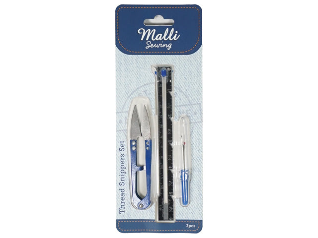 Blue and silver metal thread snippers; Set of 3 tools in blister pack; Includes protective cap on one snipper; Pack labelled 'Malli Sewing';