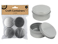 Silver round metal tins; Pack of 4 containers; Flat fitted lids; Compact size 5x2.5cm; Clear plastic packaging;
