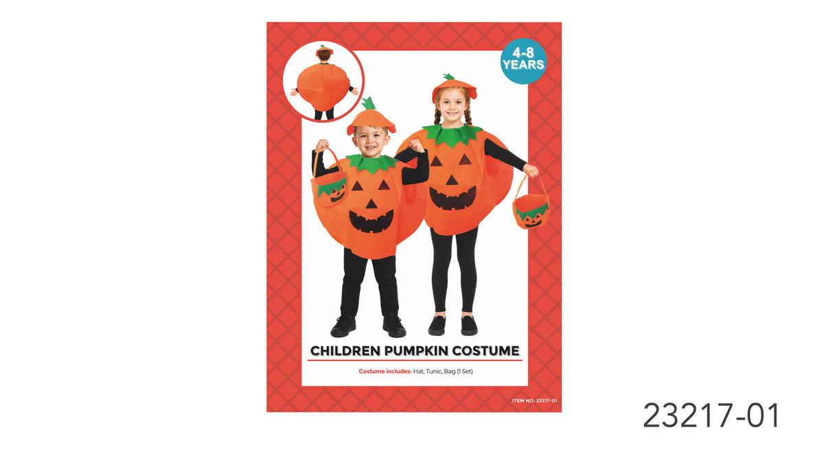 Bright orange pumpkin-shaped tunic with a black jack-o’-lantern face; Green leaf detail around the neckline; Matching orange hat with a green top detail; Small orange bag with green trim and a pumpkin face;