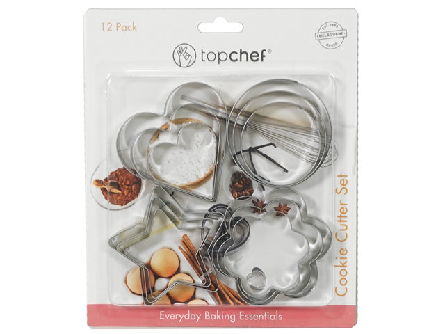 12 metal cookie cutters; varied classic shapes (heart, star, flower, circle); silver stainless steel material; packaged in clear plastic blister; branded Top Chef packaging;