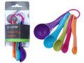 set of 5 measuring spoons; each spoon a different bright colour (orange, pink, green, blue, purple); plastic material; linked on a pink ring;