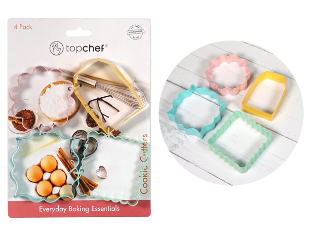 4 plastic cookie cutters; Varied shapes: scalloped square, flower, hexagon, heart; Colours include pink, yellow, blue, green; Packaging labelled 'Everyday Baking Essentials';