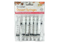 Pack of 12 clear plastic syringes; Measurement markings up to 5ml; White plunger and nozzle; Hang tab on sealed packaging;