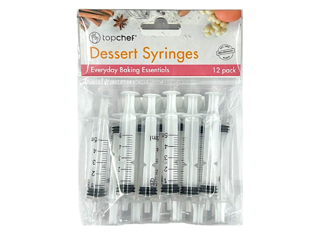 Pack of 12 clear plastic syringes; Measurement markings up to 5ml; White plunger and nozzle; Hang tab on sealed packaging;
