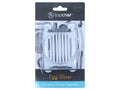 white plastic base; stainless steel slicing wires; compact rectangular shape; packaged on branded cardboard backing; Top Chef logo visible;