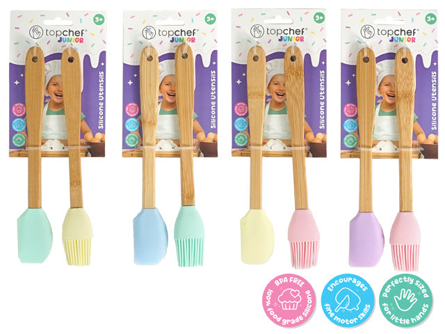 bamboo handles; silicone heads; set includes spatula and brush; packaged with colourful Top Chef Junior branding; available in pastel colours;