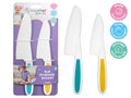 white serrated blades; one knife with teal handle; one knife with yellow handle; packaged on purple card; child-friendly rounded blade tips;