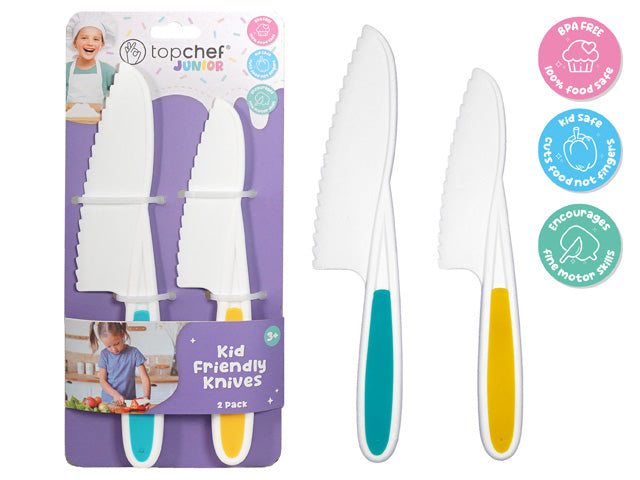 white serrated blades; one knife with teal handle; one knife with yellow handle; packaged on purple card; child-friendly rounded blade tips;
