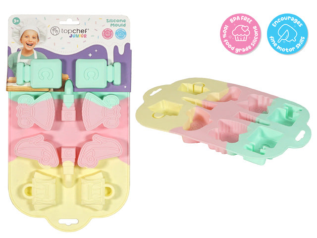 multicoloured silicone mould in pastel pink, yellow, and green; shapes include angel wings, bows, coffee mugs; packaged with cardboard label featuring child chef image; flexible silicone material; BPA-free and food grade indicated on packaging;