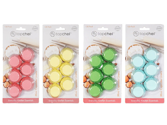 mini cupcake liners; 120 pack; pastel colours (pink, yellow, green, blue); packaged in clear plastic card; brand Top Chef;
