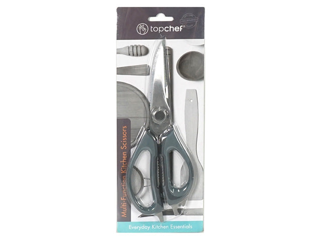 silver stainless steel blades; grey plastic handles; multi-function design; packaged on a branded card; ergonomic handles;