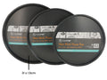 round pizza pan shape; black non-stick surface; 31cm diameter labelled; 1.5cm depth; paper label with brand and usage info;