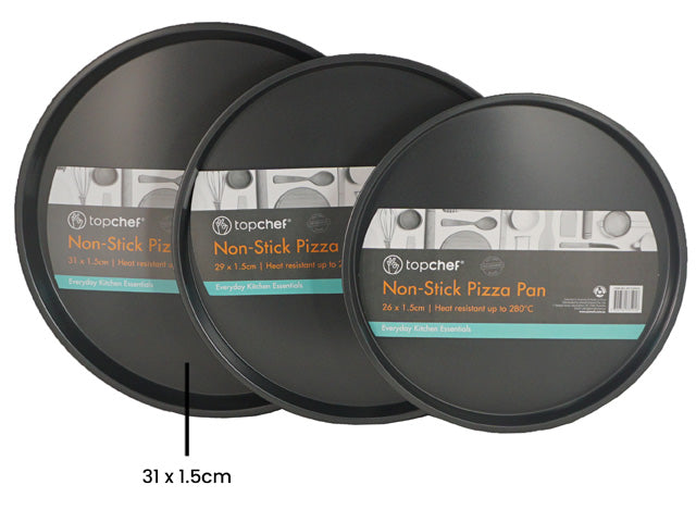 round pizza pan shape; black non-stick surface; 31cm diameter labelled; 1.5cm depth; paper label with brand and usage info;