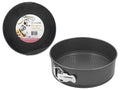 round cake pan shape; dark grey non-stick coating; steel latch closure on side; 22cm diameter size label on packaging;