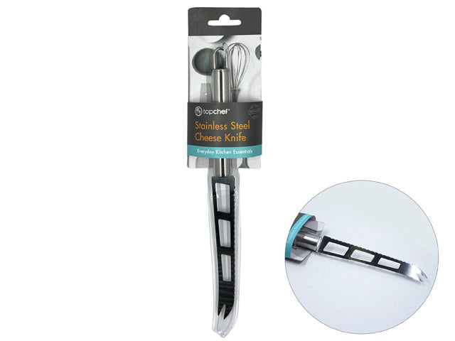 stainless steel blade with rectangular cut-outs; black handle with ergonomic design; packaged with label reading 'topchef Stainless Steel Cheese Knife'; 25.5cm length evident from packaging;